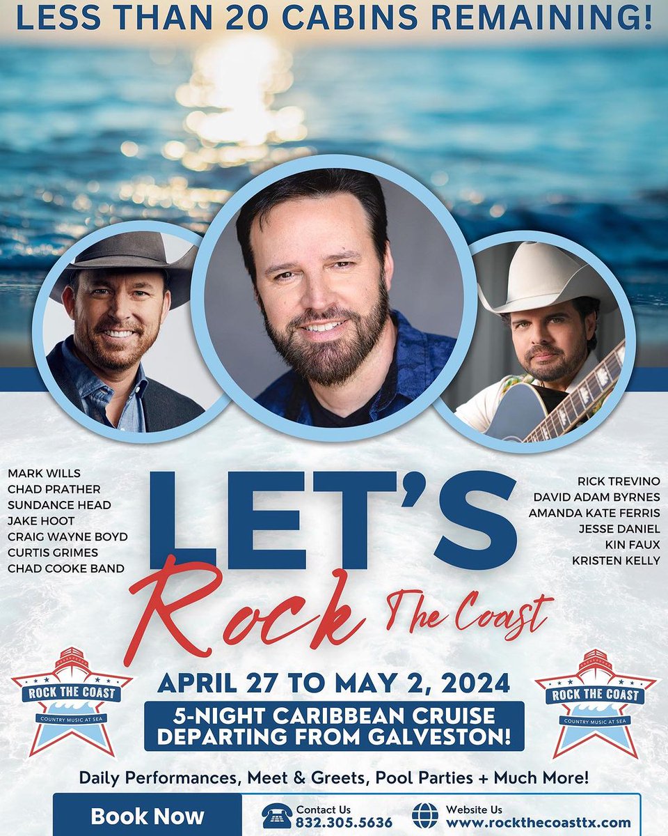 Mark Wills (@markwillsmusic) on Twitter photo It's almost time for one of my favorite trips of the year! I'm counting down the days until myself and some other amazing musicians get to sing for y'all in paradise again! Less than 20 cabins remain, so now is the time to book! See you soon <a href="/rockthecoasttx/">Rock The Coast</a>. It's almost time for one of my favorite trips of the year! I'm counting down the days until myself and some other amazing musicians get to sing for y'all in paradise again! Less than 20 cabins remain, so now is the time to book! See you soon <a href="/rockthecoasttx/">Rock The Coast</a>.
