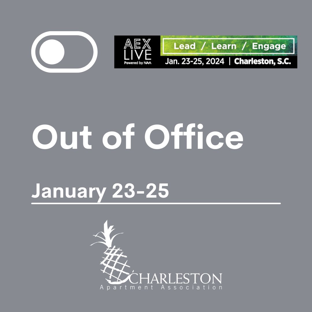 chucktowncaa's tweet photo. The CAA will be out of office attending the NAA AEX conference by @naahq held here in Charleston from January 23rd to January 25th.  During this time the CAA can be reached via email and those emails will be returned just as soon as breaks allow. https://t.co/ZOJ9onGxwp