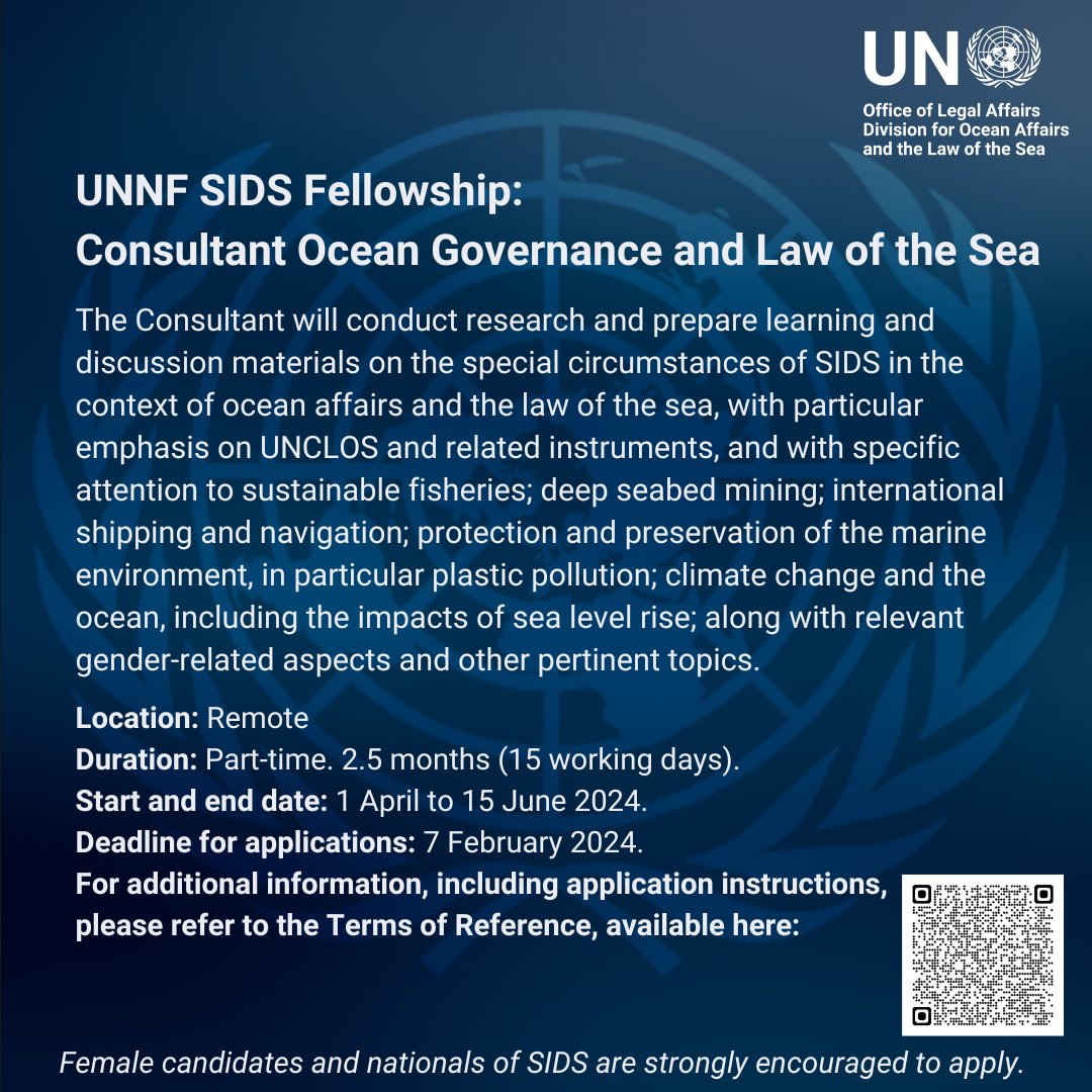 We are hiring two consultants for the United Nations-Nippon Foundation Ocean Governance Fellowship for SIDS.

Application deadline: 7 February 2024.

Visit our website for more details, including the Terms of Reference and application instructions:
un.org/oceancapacity/…