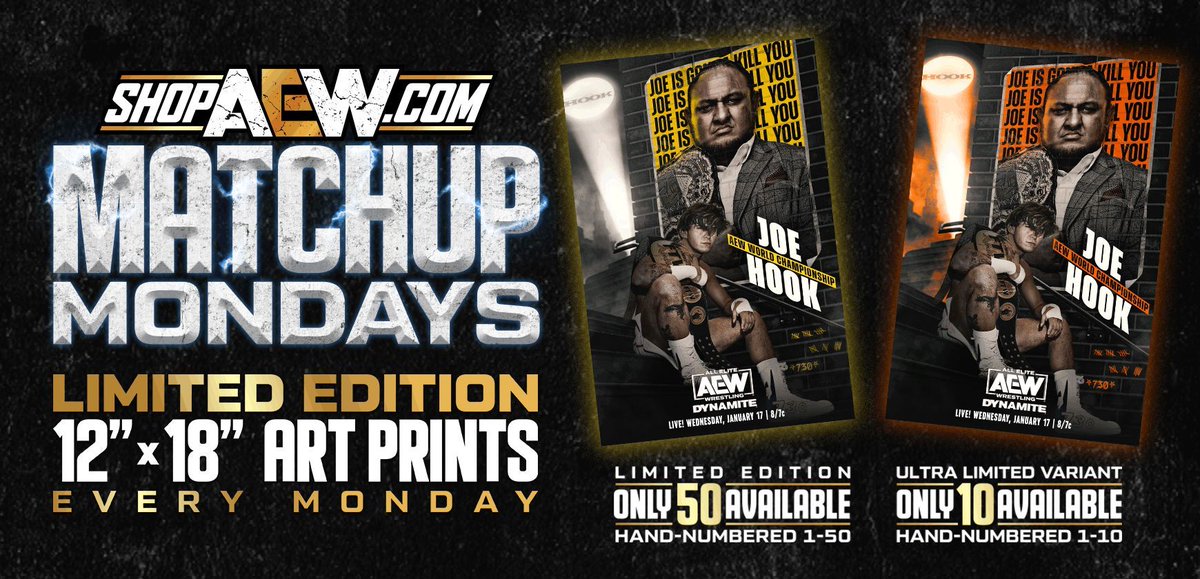 ShopAEW's tweet photo. It’s Matchup Monday! Check out this week’s limited edition @SamoaJoe vs. @730hook #AEWDynamite matchup art prints that are available at https://t.co/9hHlXpcSbp! They will be hand numbered. Don’t miss out! https://t.co/IrR85s7Lx6