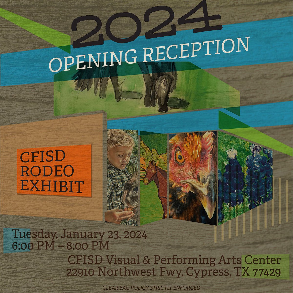The <a href="/CFISDArt/">CFISD Visual Arts</a> 2024 Rodeo Art exhibit will be on display on Jan. 23 from 6-8 p.m. at the Visual &amp; Performing Arts Center: cfisd.net/Page/2#calenda…. #CFISDforAll