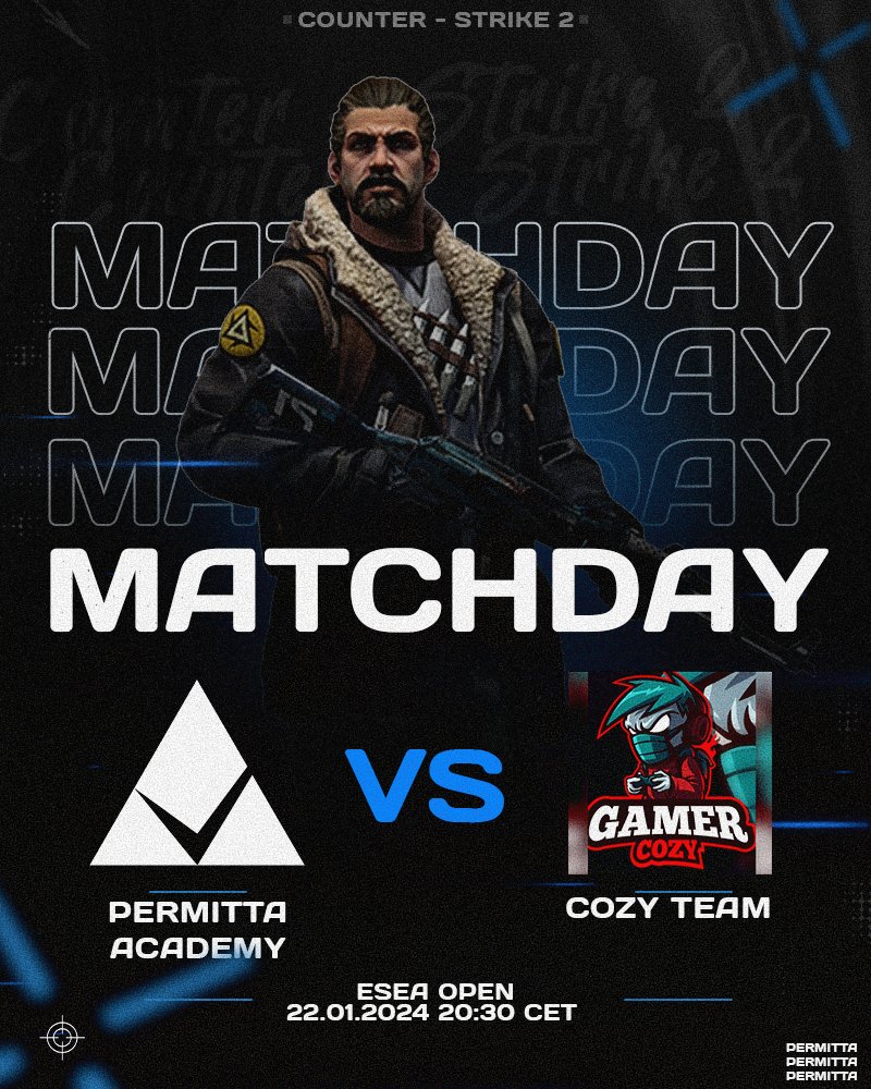 !ESEA Open! 

Tonight at 20:30 CET, the Permitta Academy squad is set to face off against CoZy Team in the ESEA Open. 

Get ready for some Counter-Strike action! 

#GOPERMITTA