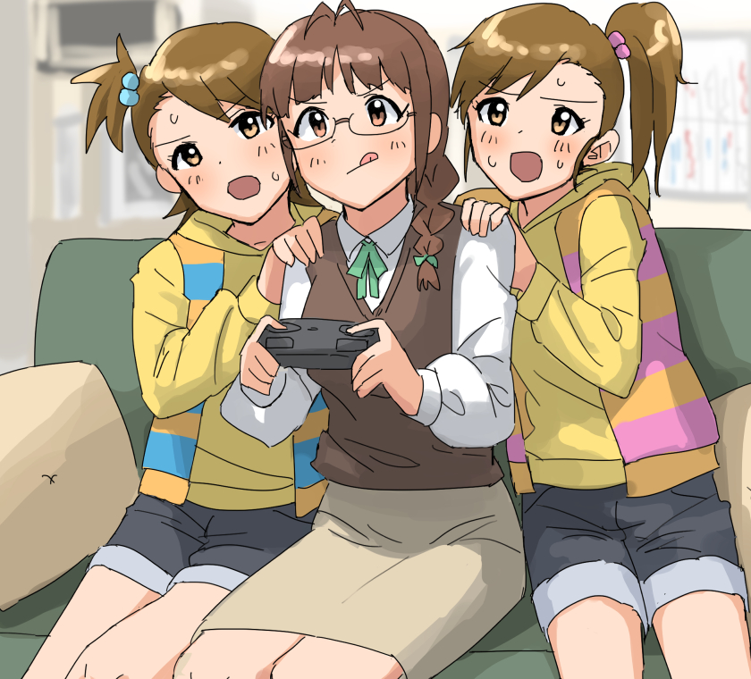 futami ami ,futami mami multiple girls 3girls game controller brown hair controller couch braid  illustration images