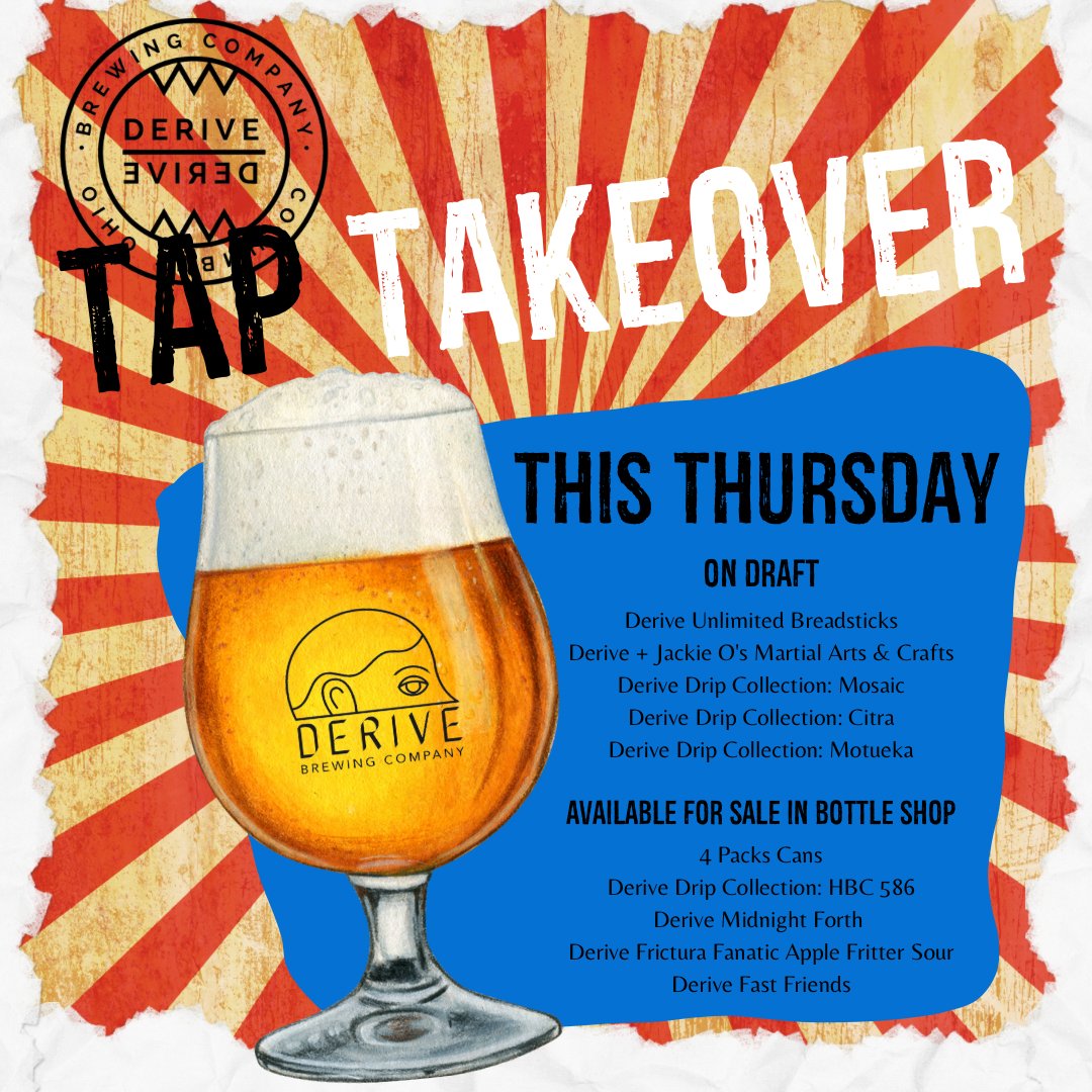 It's time for a Tap Takeover! This Thursday, come mingle with the genius crew of @derivebrewing right here! 🌟 Talk hops, sips, and dreams with the head brewer & owner while tasting their 5 signature brews on tap. 

#Consume #TapTakeover #CraftBeer #MeetTheMakers