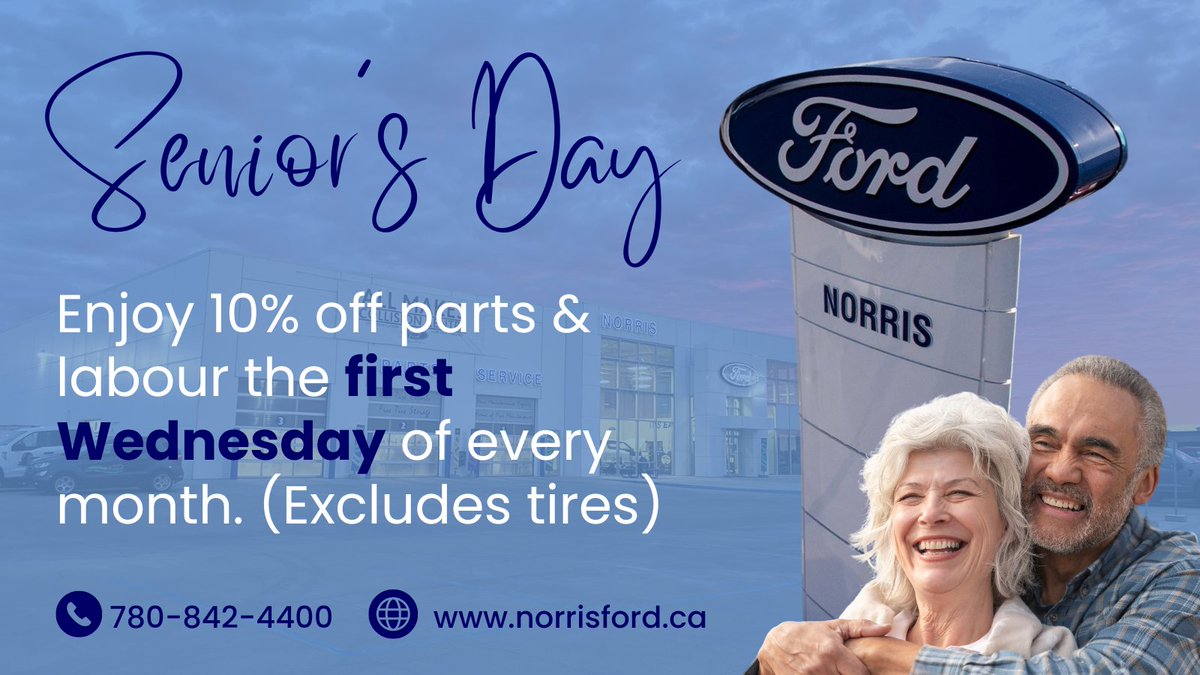 Webbs1441Ford's tweet photo. Seniors can now enjoy 10% savings in service on the first Wednesday of every month!

Schedule your appointment in advance. 
Phone: 780-842-4400
Text: 587-412-2395
Click: https://t.co/f8un8tEF7v https://t.co/BWJqMcR8wX