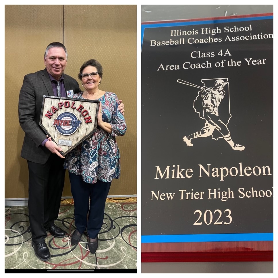 AthleticsNTHS's tweet photo. Congrats to Baseball Coach Mike Napoleon who received 2 honors for last year’s accomplishments.  The High School Coach of the Year Award from the Chicago Pitch &amp; Hit Club and the IHSBCA 4A Area Coach of Year Award. @NewTrier203 @ntboosterclub #GoTreTrevs https://t.co/g468SHE744