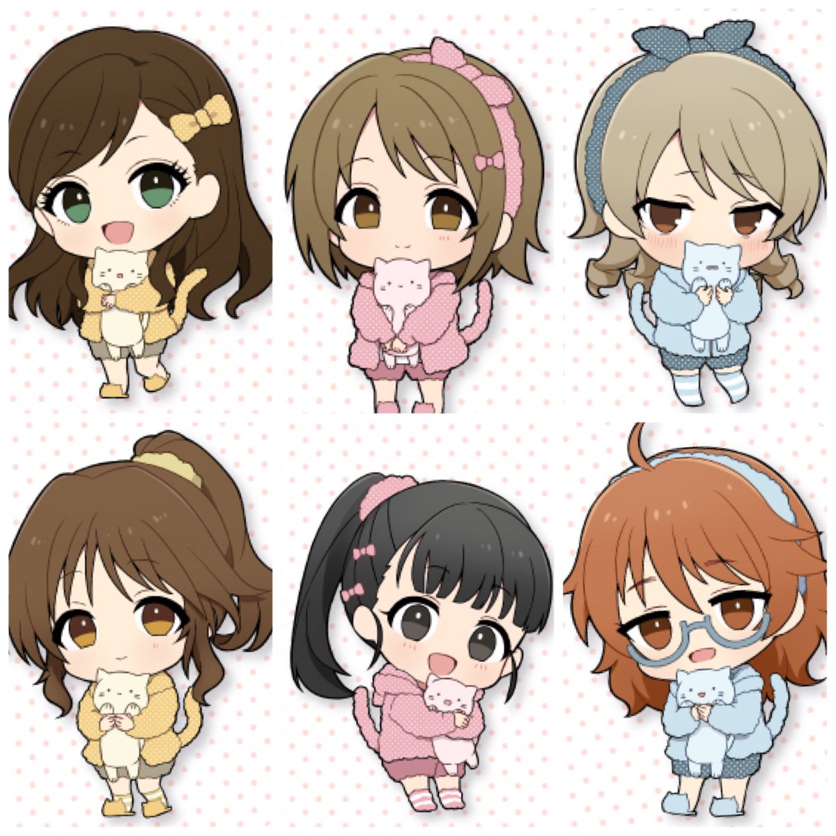 multiple girls holding animal chibi holding cat brown hair cat smile  illustration images