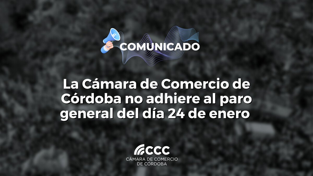 Camcomcba's tweet photo. #ComunicadoCCC | La Cámara de Comercio de Córdoba no adhiere al paro general del día 24 de enero
🤳Leer más: https://t.co/BtWWzlU031 https://t.co/d7ahH52Ump