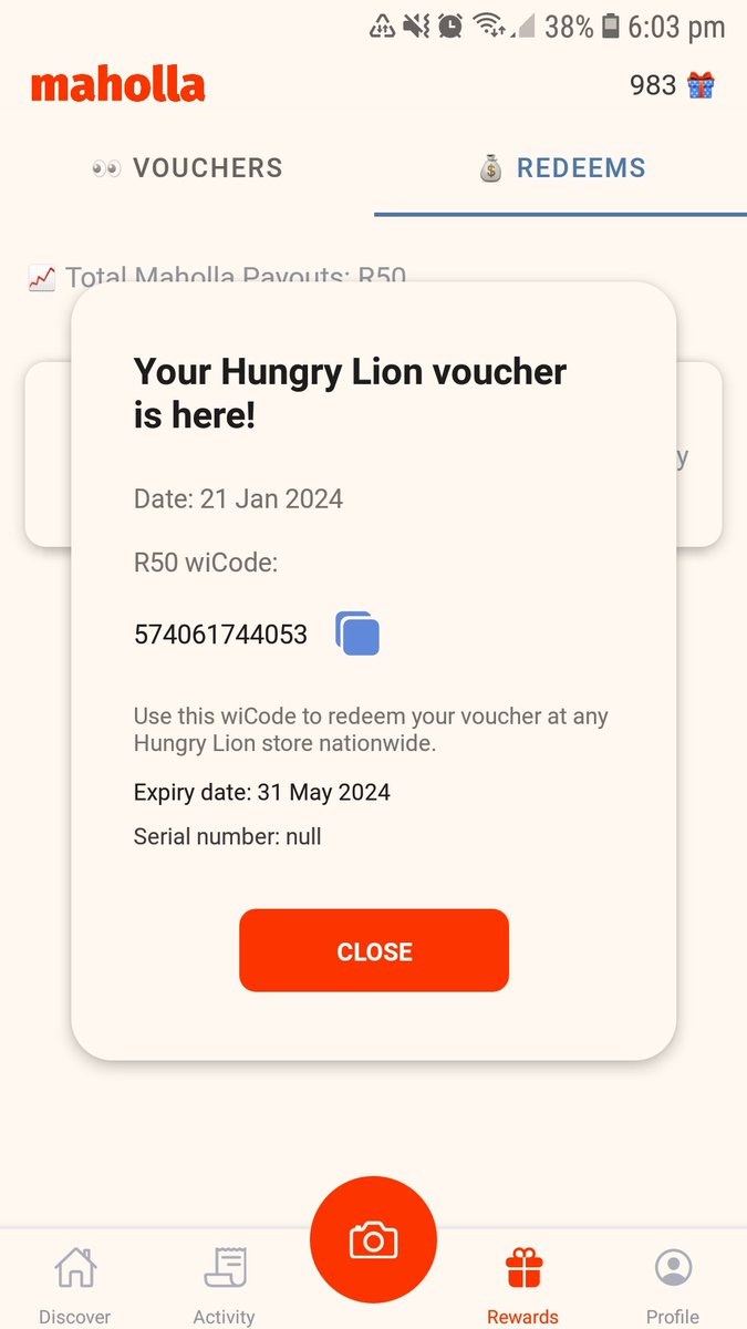 AdrianMeyer20's tweet photo. @maholla_app I have been scanning in my slips,  redeemed a Hungry Lion voucher of R50 and when I went to Hungry Lion, they refused to help me. They say there is no serial number although there is a code on there. What am I to do https://t.co/jm2qikYQfZ