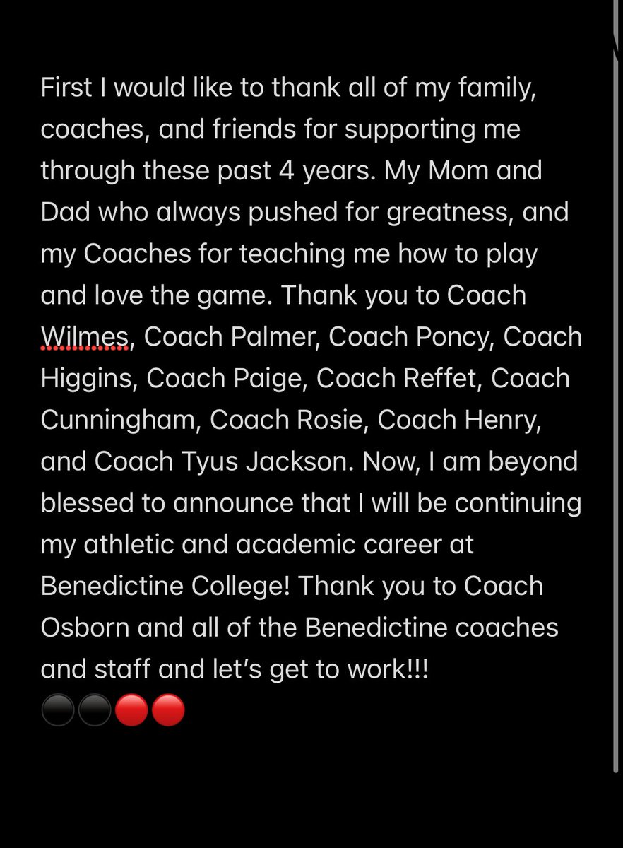 Beyond blessed to announce my athletic and academic commitment to Benedictine College!!! Go Ravens!! 🔴⚫️@RavenFootballBC @TheCoachReffitt @Coachponcy58 @PHSPantherFB @JoelOsborn_BC @ZC_Cunningham