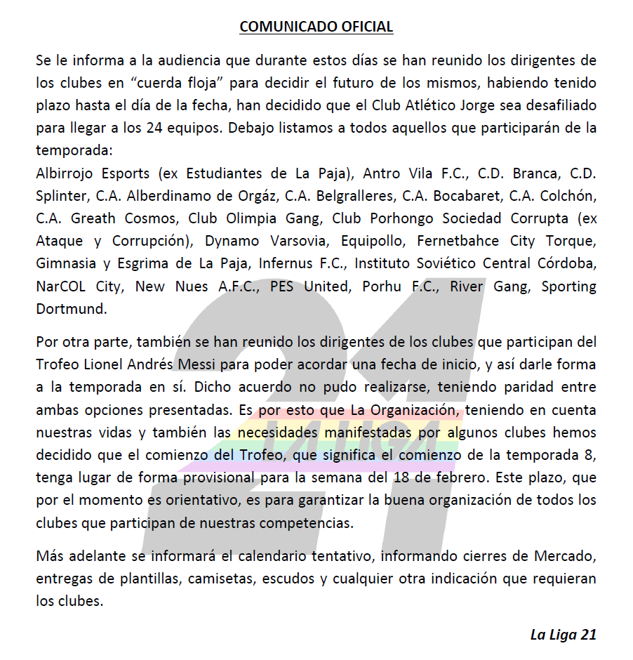 LaLiga21Of's tweet photo. #LaLigaComunica la desafiliación de un equipo, confirmación de participantes y fecha tentativa para el comienzo del #TrofeoLionelAndresMessi y la #Temporada8.
Nuevo #ChallengePlace: https://t.co/aOFxeOX0hC https://t.co/LOdEKqeDX9