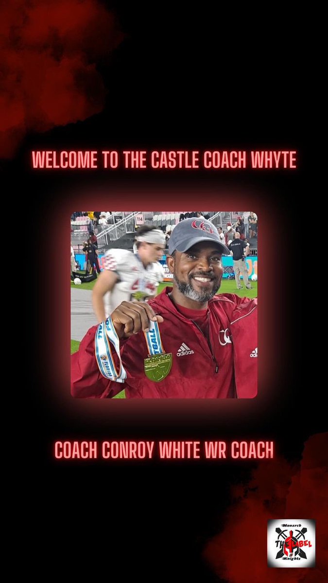 MHS_Knights_FB's tweet photo. Welcome coach @ConroyWhyte to the castle as our new WR coach! @Coach_Davis3 @Coach_Mont70 @Nick_Ricks_ @JackSwain100 @larryblustein @TheCribSouthFLA @CoachQ954 @FernandezAndreC @MattRothman3 https://t.co/XSWfPyCwRc