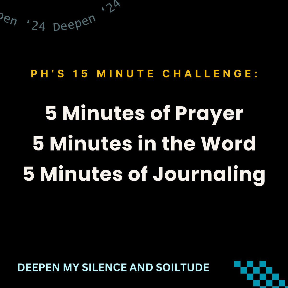 WALKChurch's tweet photo. ๐๐๐ฌ๐ญ๐จ๐ซ ๐๐๐ข๐๐๐งโ๐ฌ ๐๐ ๐๐ข๐ง๐ฎ๐ญ๐ ๐๐ข๐ฅ๐๐ง๐๐ ๐๐ง๐ ๐๐จ๐ฅ๐ข๐ญ๐ฎ๐๐ ๐๐๐ข๐ฅ๐ฒ ๐๐ก๐๐ฅ๐ฅ๐๐ง๐ ๐:
- 5 Minutes of Prayer ๐คฒ
- 5 Minutes in the Word ๐
- 5 Minutes of Journaling ๐
#WALKChurch #21Days #deeper #silenceandsolitude #15challenge #deepen24 https://t.co/fa9lj63T6n