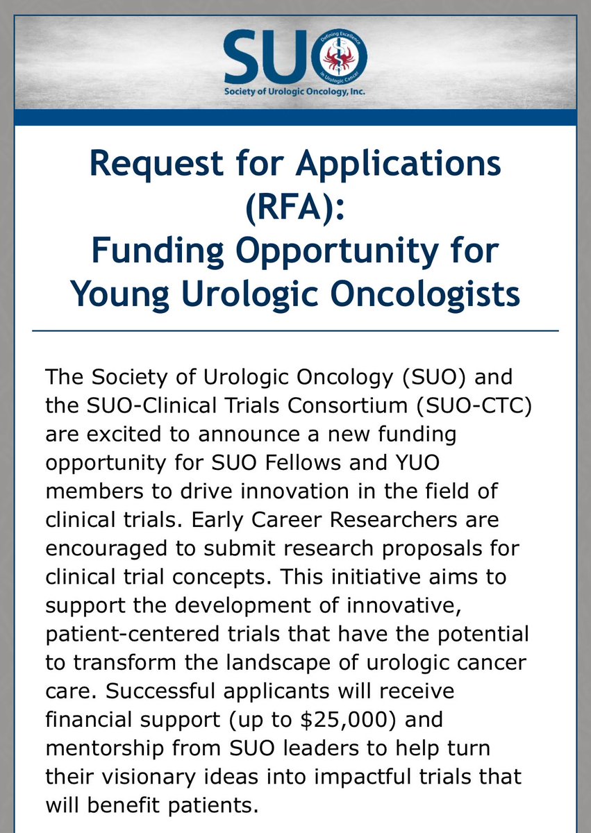 SUO announces RFA for Young Urologic Oncologists interested in clinical trial development.