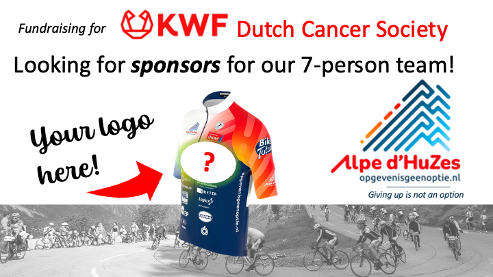 This year I accepted a new challenge: #fundraising for a good cause! I signed up to participate of @alpedhuzes in benefit of @kwf_nl (the Dutch Cancer Society) with friends from @NKI_nl. We are looking for #corporatesponsorship!  (1/2) #ad6