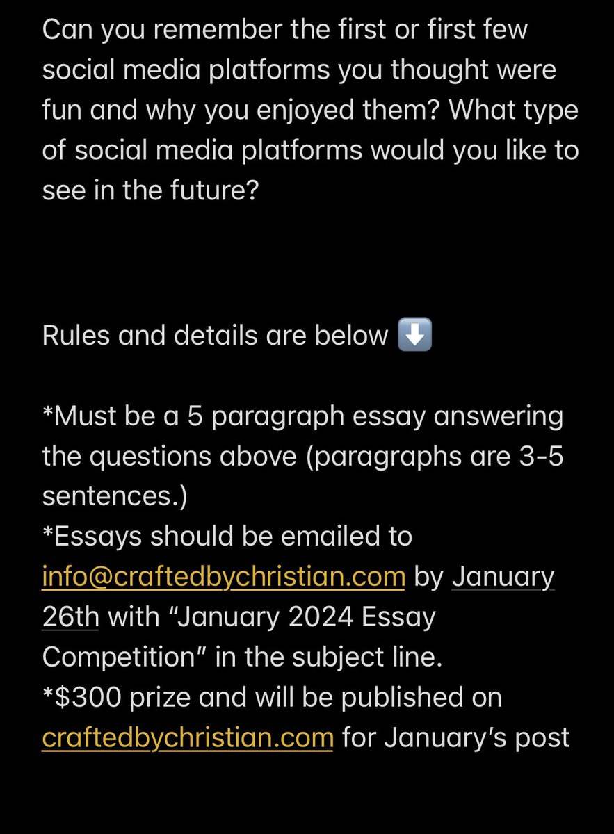 The deadline for Crafted By Christian’s first essay competition is this Friday, 1/26! I’m looking forward to reading your submissions, one lucky winner will receive a cash prize 💰and their essay will get published!

#essaycontest #essaywriting #creativenonfiction