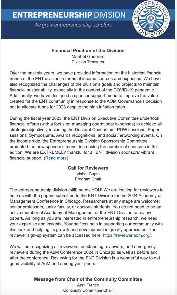 Dear colleagues, 

Happy to share the <a href="/ENT_Div_AoM/">ENTDivision_AoM</a> Newsblast January 2024! 

lnkd.in/g8VJKQNS 
 
Many opportunities!!! Stay connected with the <a href="/ENT_Div_AoM/">ENTDivision_AoM</a>  Community through social media. 

Best