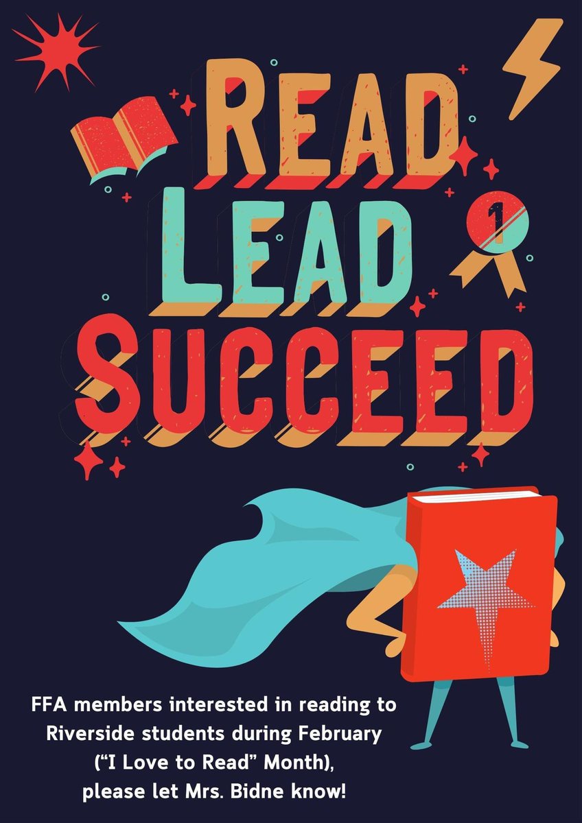 JCCFFA's tweet photo. Riverside is asking if there are any FFA Members that would like to read to the elementary students during February - I Love to Read Month.

Please let Mrs. Bidne know!  (Only students with a drivers license as you will need to get yourself there at your assigned time.) https://t.co/KcRpy2VTDy
