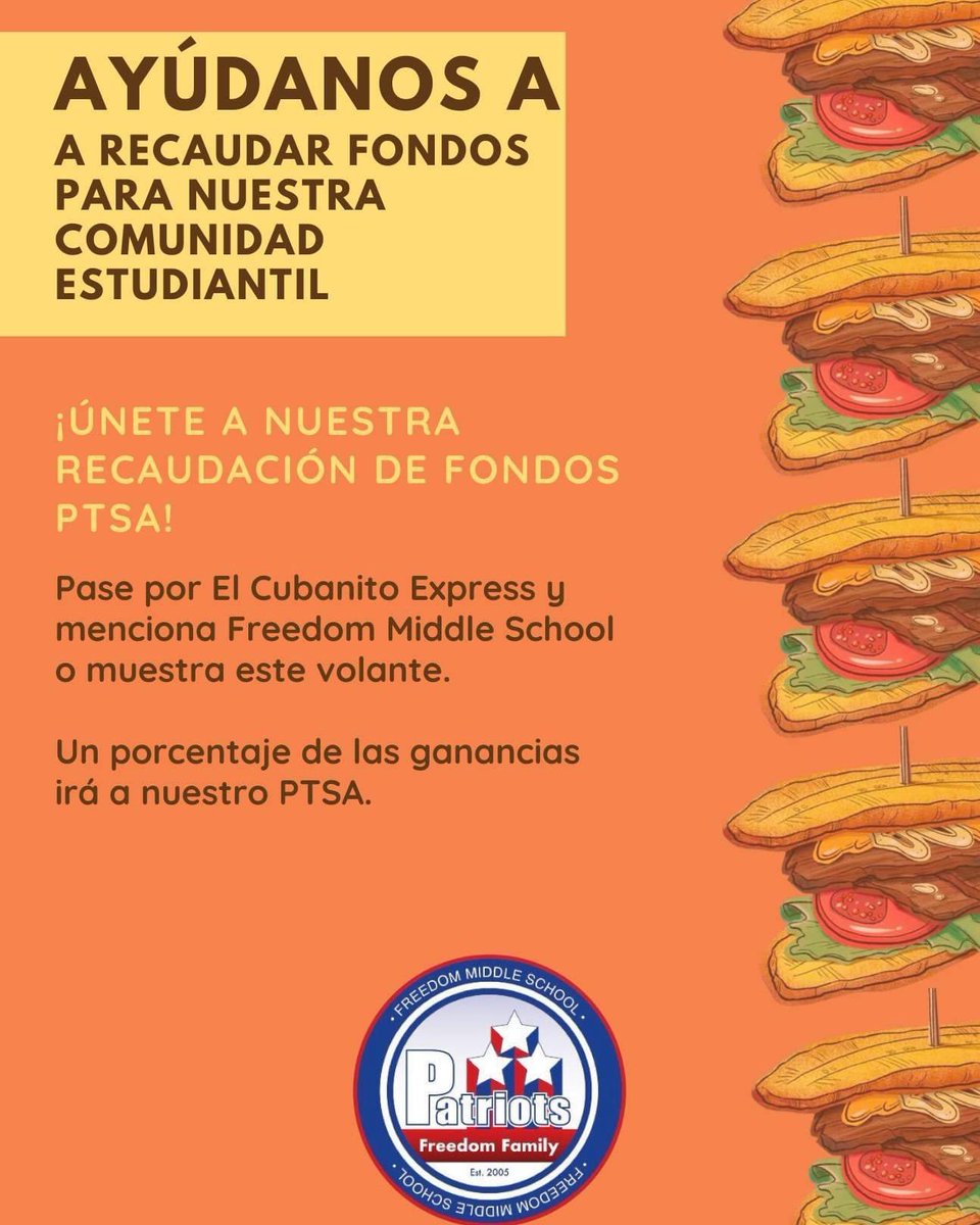 Oye familia freedom! 
Únete a nosotros para nuestra próxima recaudación de fondos PTSA en Cubanito Express el 23 de enero 📆
Menciona Freedom Middle School o muestra este volante y parte de lo recaudado será para nuestra escuela. 
#d100inspira #freedomfam100