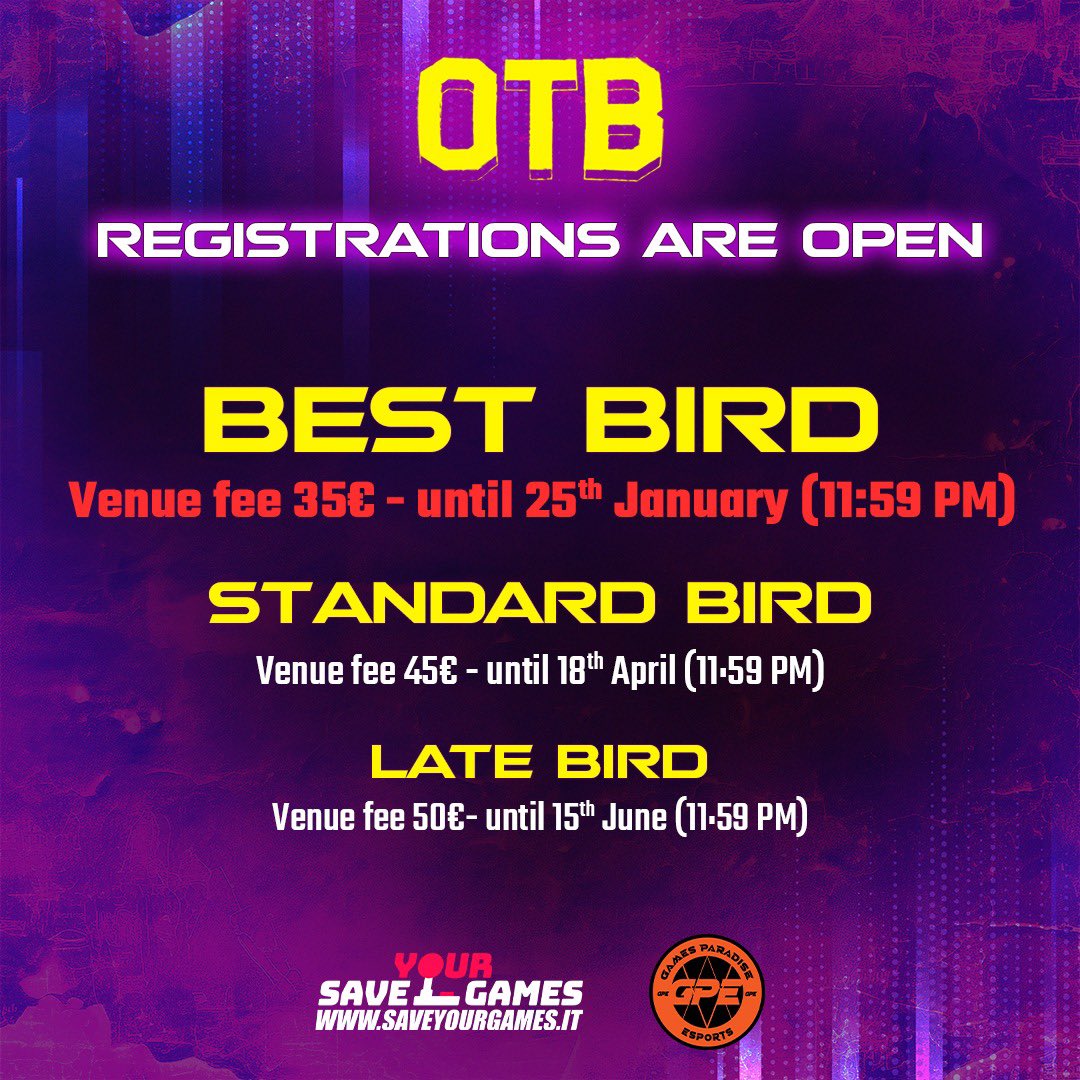 otbtournament's tweet photo. ππ»π₯ REGISTRATIONS ARE OPENπ₯ππ»
ππ» https://t.co/38jpVDne57
πLa best bird dura solo 3 giorni, non fartela scappare!!!π
πThe Best Bird lasts 3 days only! Don't miss it!π
#bestbird #torino #otb #registration https://t.co/gAG8RWglHW