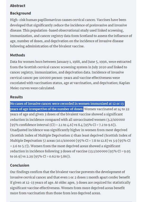 Pretty amazing finding - new analysis from Scotland shows NO CASES OF CERVICAL CANCER in women vaccinated at 12 or 13 years of age. The HPV vaccine has been remarkably effective. Exactly what was expected, but nevertheless fantastic news. academic.oup.com/jnci/advance-a…