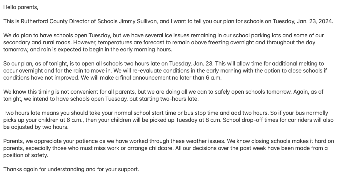 RCS opening two hours late on Tuesday, 1-23-24  (Final Decision by 6 a.m. Tuesday morning)

See full message below