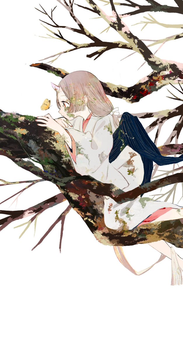 1girl japanese clothes solo bug long hair in tree butterfly  illustration images
