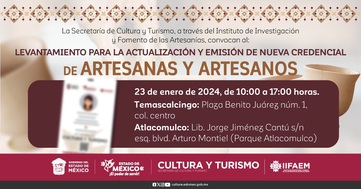 iifaem's tweet photo. ¡Atención maestras y maestros artesanos de #Atlacomulco y #Temascalcingo!
Mañana en tu municipio se llevará  acabo el levantamiento de datos para la actualización y emisión de la nueva credencial, el trámite es completamente gratuito. ¡Te esperamos!
#ElPoderDeServir https://t.co/oi8slDZatx