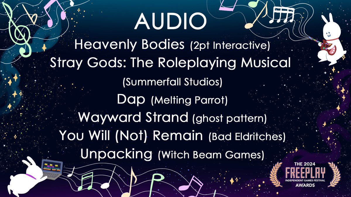 The Audio nominees 
Heavenly Bodies by <a href="/2ptStudio/">2pt 📡 Heavenly Bodies</a>
Stray Gods by <a href="/summerfallgames/">Summerfall Studios🕯️Malys OUT NOW!🕯️</a>
DAP by <a href="/MeltingParrot/">Melting Parrot 👻 oh dap dap!</a>
<a href="/WaywardStrand/">Wayward Strand</a> by <a href="/ghostpattern/">ghost pattern</a>
You Will (Not) Remain by Bad Eldritches
<a href="/ellalowgren/">Ella Lowgren</a> <a href="/tdogextreme/">T-Dog eXtreme</a> <a href="/taliaraso/">Talia Raso</a> <a href="/jordancookirwin/">Jordan Cook-Irwin</a>
<a href="/UnpackingALife/">Unpacking 📦</a> by Witch Beam Games