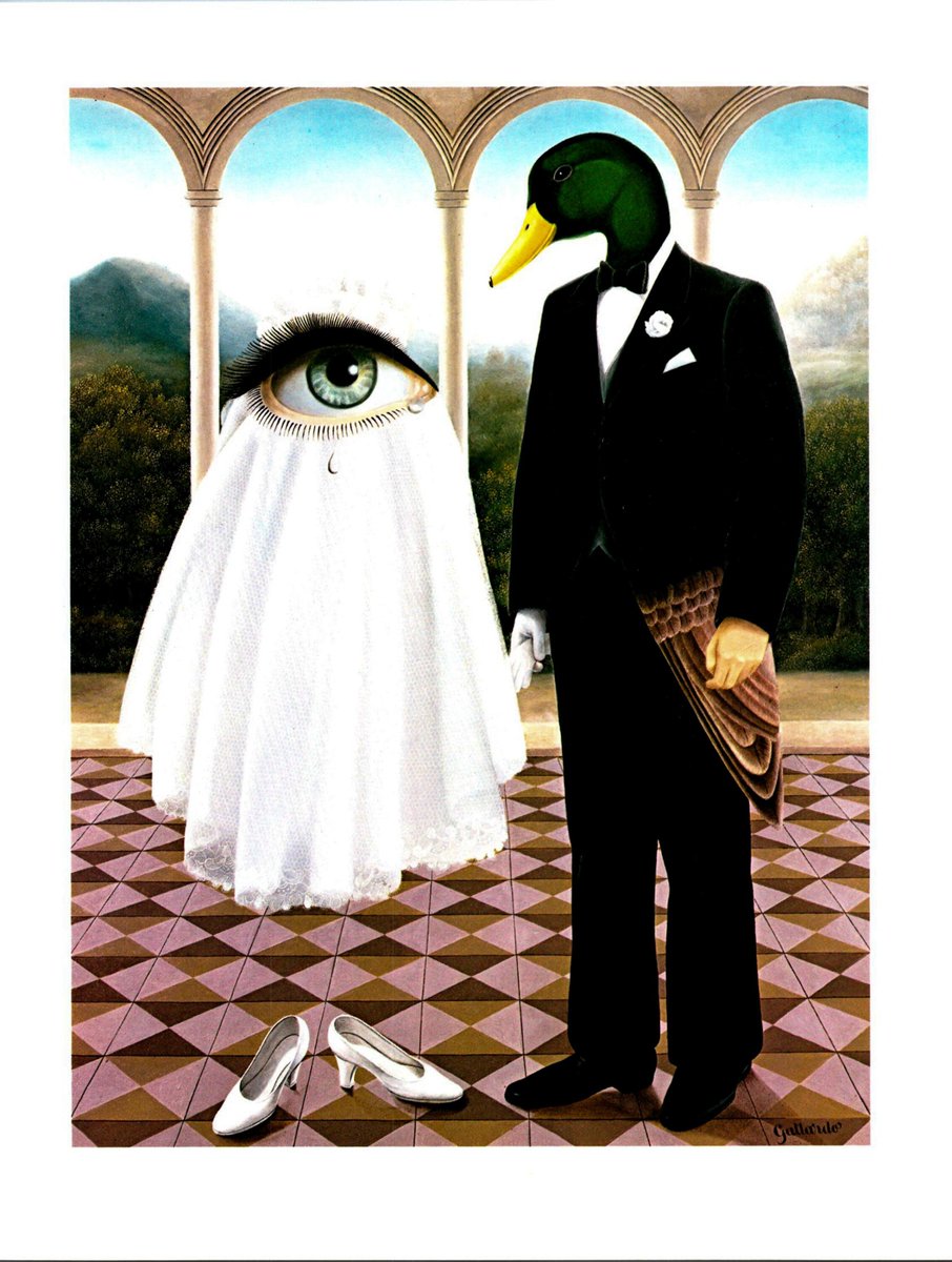 HudsonPulp's tweet image. Gervasio Gallardo Vintage art book page "The Wedding" featuring the Giant eye and the Duck-headed Groom etsy.com/listing/125534…
 #DecorativeArts #ReadyToFrame