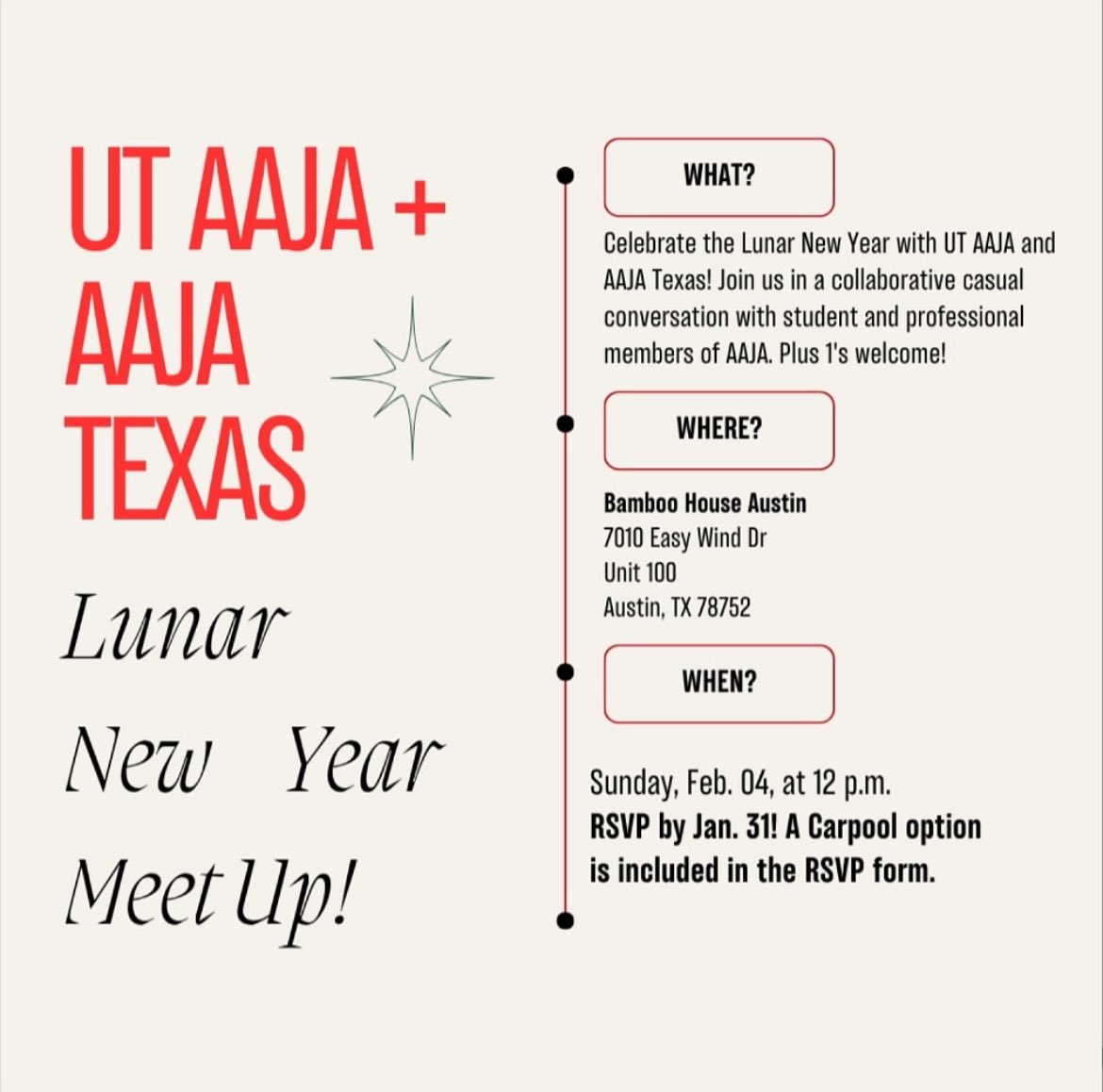 MARK YOUR CALENDARS, Y’ALL!! 🗓️✏️🧧🎉🎊

#LunarNewYear Meet-Up/Eat Up with our chapter & with @ut_aaja as we prepare for the Year of the Convention!! (And yes the Year of the Dragon 🐉) #AAJA24

WHEN: Noon, Sun 2/4 at Bamboo House

RSVP here by Jan 31: docs.google.com/forms/d/e/1FAI…