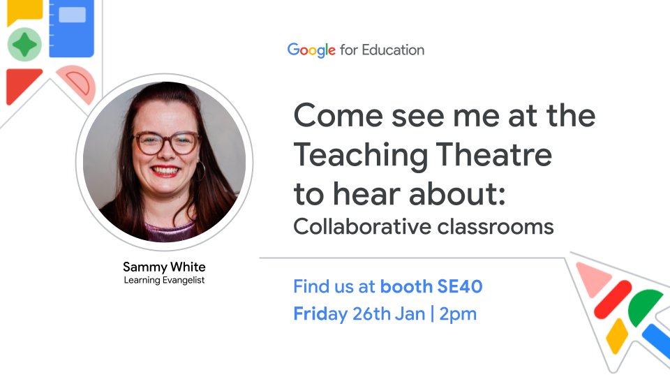 Friday 2pm #Bett2024 Doing a talk @GoogleForEdu in which I would love to model collaboration live. So if you are free, willing to participate in the audience (there are comfy seats!) pop along and help me demo some features live, what could go wrong? 🤞 #GoogleChampions