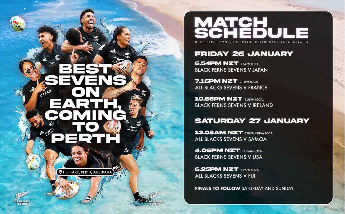 NZ Sevens (@nz_sevens) on Twitter photo Our teams are ready to make some waves this weekend in WA 🌊
Don’t miss any of the action LIVE on <a href="/skysportnz/">Sky Sport NZ</a>
#AllBlacks7s | #BlackFerns7s | #PERSVNS Our teams are ready to make some waves this weekend in WA 🌊
Don’t miss any of the action LIVE on <a href="/skysportnz/">Sky Sport NZ</a>
#AllBlacks7s | #BlackFerns7s | #PERSVNS