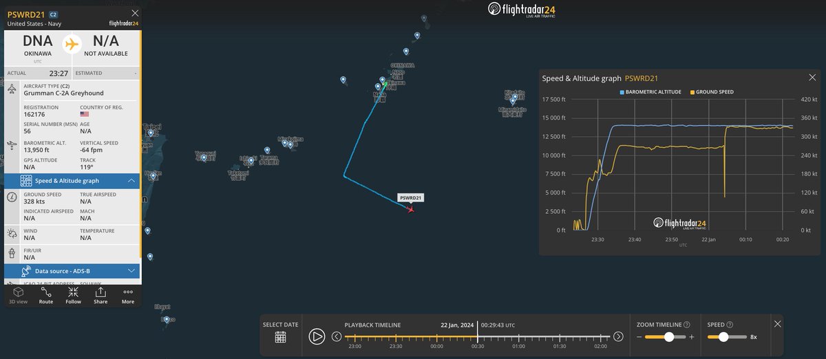 MT_Anderson's tweet photo. @ianellisjones I'd put them S/SE of Okinawa based on the C-2A Greyhound action early this morning (162176//#AE045E). https://t.co/G3vfvrZNQW