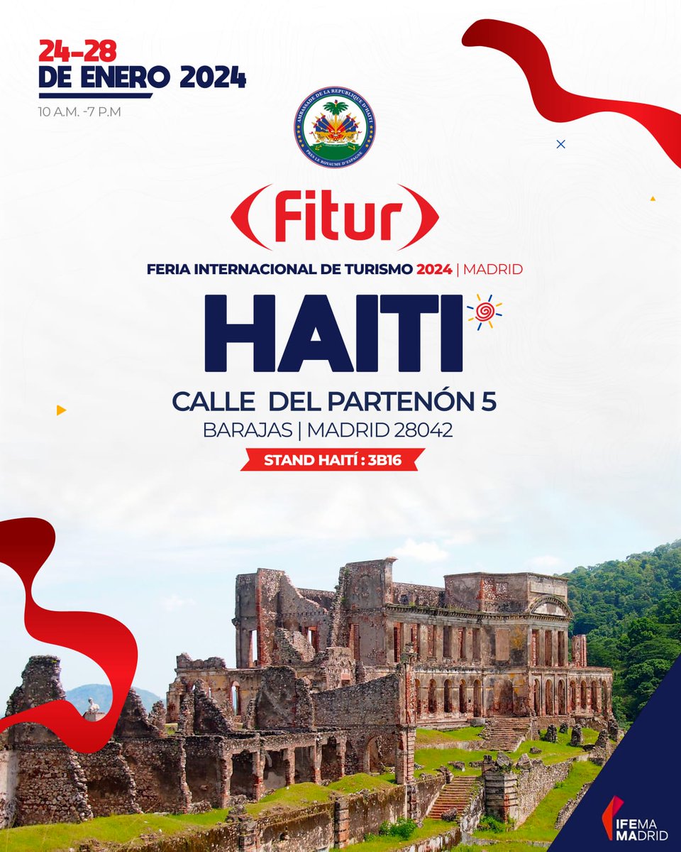 guylamothehaiti's tweet photo. Haiti y Fitur 2024
Haïti en la Feria Internacional del Turismo en Espana del 24 al 28 de enero 2024 para promover la zona Norte de Haiti (Grand Nord)..... https://t.co/W8puiDLhHc