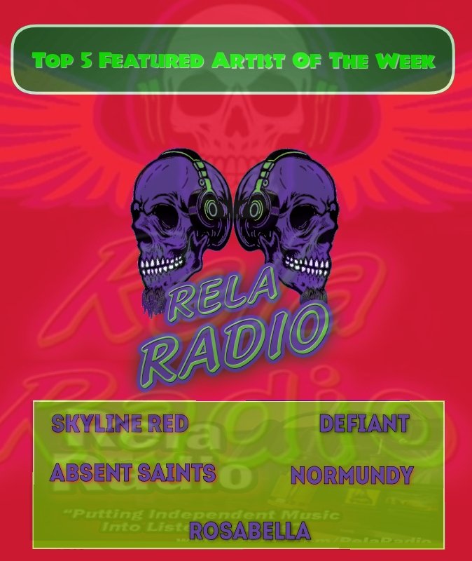 RelaRadio's tweet photo. TONIGHT! Monday, Jan.22, 2024 7pm  🎙 Rela Radio Show.
Rela🔝5 Featured Artist Of The Week are: SKYLINE RED, Absent Saints, Rosabella, Defiant, NORMUNDY
https://t.co/sYDgXY10nY

#newmusic #podcast #radioshow #independentmusic #relaradio #heavymetal #rockmusic #curtaincallrecords https://t.co/onasyJ6DdN