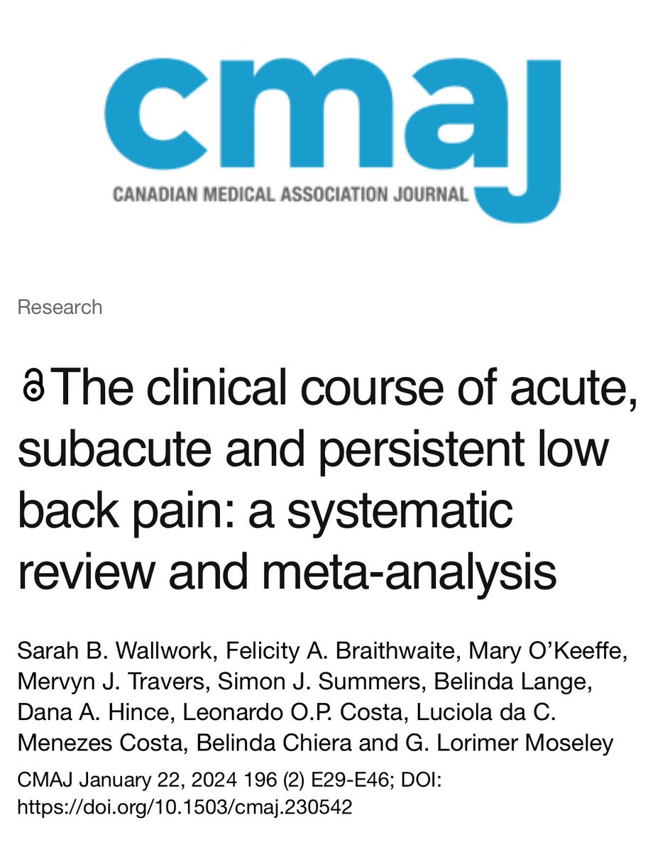 eddeestyle's tweet image. “..current understanding that individuals with new episode of low back pain get better within 2 weeks may need reconsideration... our updated meta-analysis shows that many continue to experience ongoing pain and disability.“ @emergmedottawa