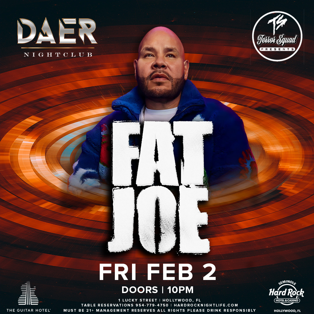 Cue the hip-hop throwbacks 🎤 <a href="/fatjoe/">FAT JOE</a>  returns to DAER Nightclub 🌙 NEXT FRIDAY, February 2nd!

Limited early bird tix available.
Tickets: tixr.com/e/88919
Tables: sevn.ly/xfl1UE7r