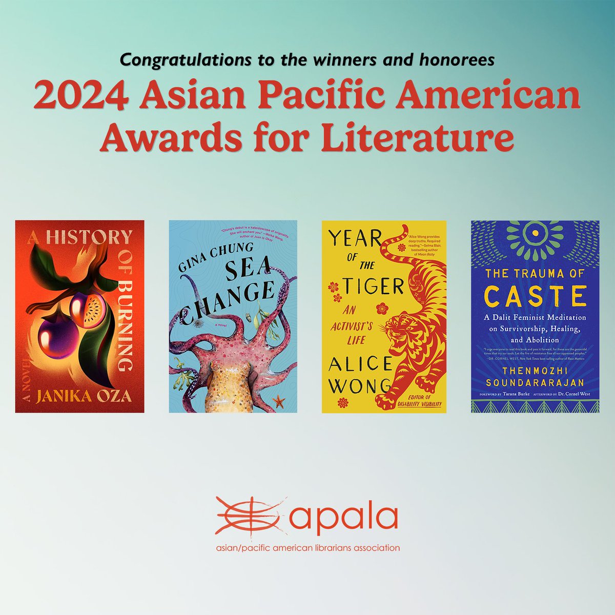 Congratulations to the winners and honorees of APALA’s 2024 Asian Pacific American Award for Literature: Adult Fiction and Adult Non-Fiction! 📚🎉📚 See the full list of recipients on the website: apalaweb.org/2024-apa-award…