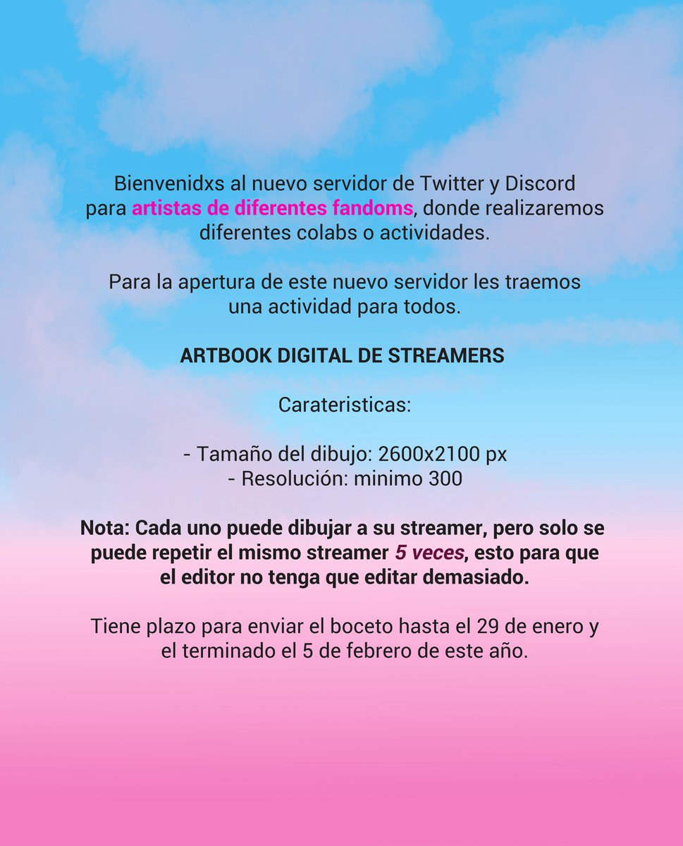 FandomsArtists's tweet image. 📢 | Muy buenas a todxs 
Se abre un servidor en discord para los artistas de diferentes fandoms de streamers. 
Organizamos una actividad para todxs.
Ven y unete:

discord.gg/fxcsFKN7

Este es un servidor hecho de fans para fans