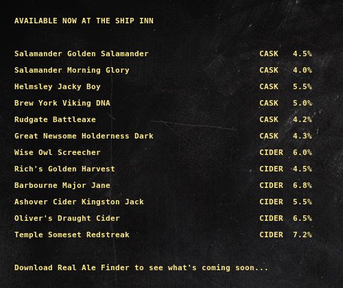 On the bar today!
Beer Board: bit.ly/3ozQGbs
#Salamander <a href="/rudgatebrewery/">Rudgate Brewery</a> @HelmsleyBrewing <a href="/greatnewsome/">Great Newsome Brewery</a> <a href="/brewyorkbeer/">Brew York</a> <a href="/WiseOwlCiderLtd/">Wise Owl Cider</a> <a href="/richs_cider/">Rich's Cider</a> <a href="/oliverscider/">Tom Oliver</a> <a href="/AshoverCiderCo/">Michelle Rafter</a> #BarbourneCider <a href="/CiderTemple/">Temple Cider</a> 
#RealAleFinder