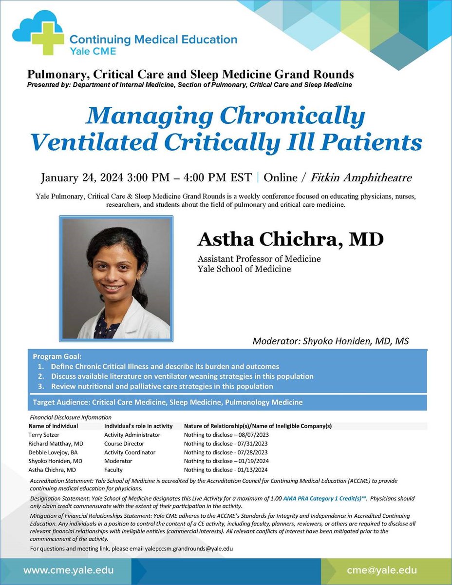 Yale-PCCSM Grand Rounds 📅Wednesday, January 24, 2024 🕒3pm EST 🥼Astha Chichra, MD 📢Managing Chronically Ventilated Critically Ill Patients 📍Fitkin 📍Zoom yale.zoom.us/j/95482796814?… #WomenInMedicine #MICUDoctor #YalePCCSM #BestFaculty #EducationWednesday