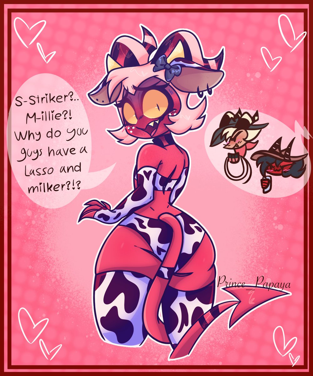 Prince_Papaya's tweet photo. Here’s my second finished Com :3
A waist fully rendered drawing of moxxie losing a bet with striker so he has to wear this outfit :3 
I encourage more ideas like this, made my day getting this request lol

#helluvaboss #moxxie

C0mMisson ; @/MariePizza86738 https://t.co/0j6kYJqdIc