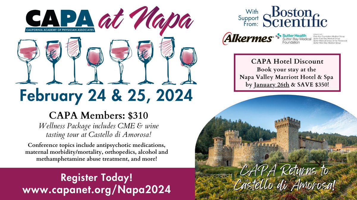 CAPASpeaks's tweet photo. Book your Napa getaway with CAPA! Earn 7 CME + specialty wine tasting! The deadline to reserve and SAVE is Friday, January 26th! More details at https://t.co/GABv6C9Yeb https://t.co/5i8P8cCAa2