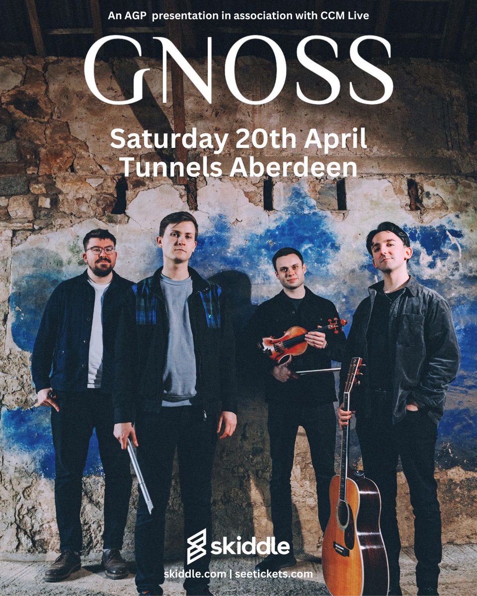 𝗝𝘂𝘀𝘁 𝗔𝗻𝗻𝗼𝘂𝗻𝗰𝗲𝗱 @gnossmusic play Tunnels Aberdeen on Saturday 20th April. Firmly at the fore of the Scottish folk music scene, the triple Scots Trad Award nominees are a must see live band. 𝗧𝗶𝗰𝗸𝗲𝘁𝘀 ➡️ skiddle.com/e/37266786