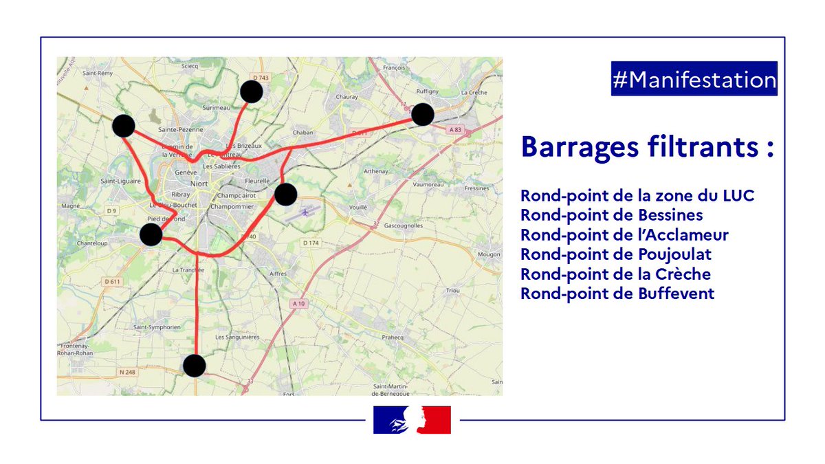 #Infos | Mobilisations des #agriculteurs le 23 janvier à partir de 14h

⚠️Des difficultés de circulation sont à prévoir sur les principaux ronds-points et axes routiers desservant #Niort

La préfète des #DeuxSevres appelle les automobilistes à la plus grande vigilance