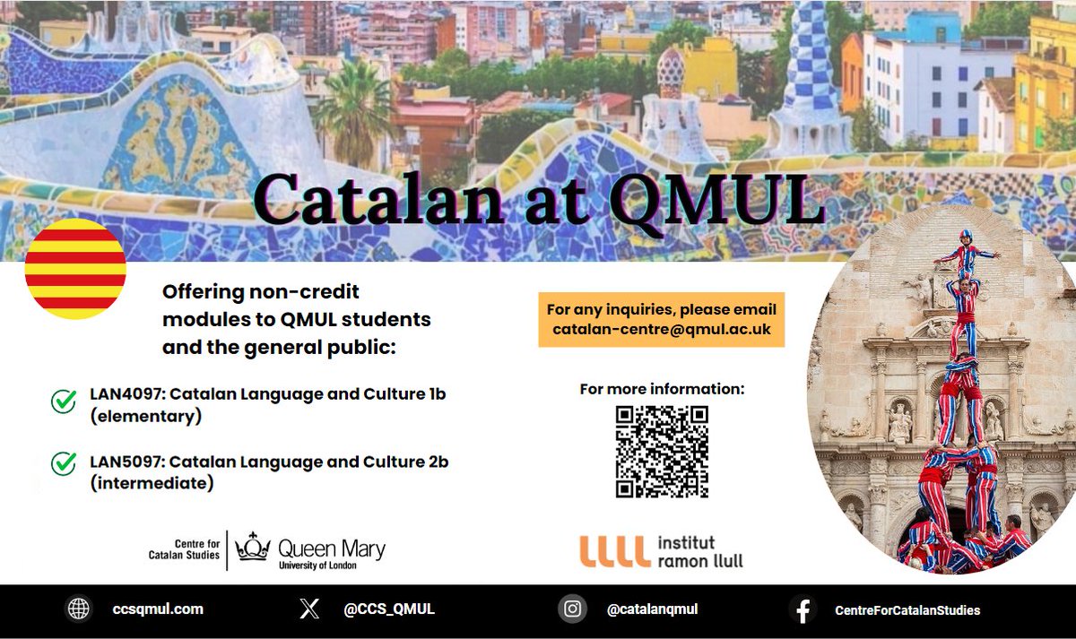 ‼️ The 2nd semester is starting this week, but you can still enrol in our non-credit Catalan modules for QMUL students or the general public until Friday 2 February!
👉 Catalan 1b (A1 level knowledge needed)
👉 Catalan 2b (A2/B1 level knowledge needed)