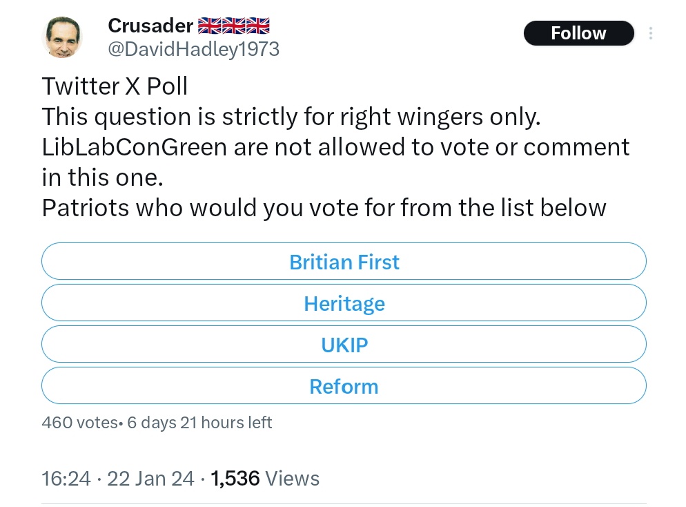 Sometimes you can't tell if it's a parody account.

Then you notice they can't spell 'Britain' and you realise it isn't.
#ReformUK
#YoureNotAllowed 
#heritage 
#UKIP 
#BritainFirst