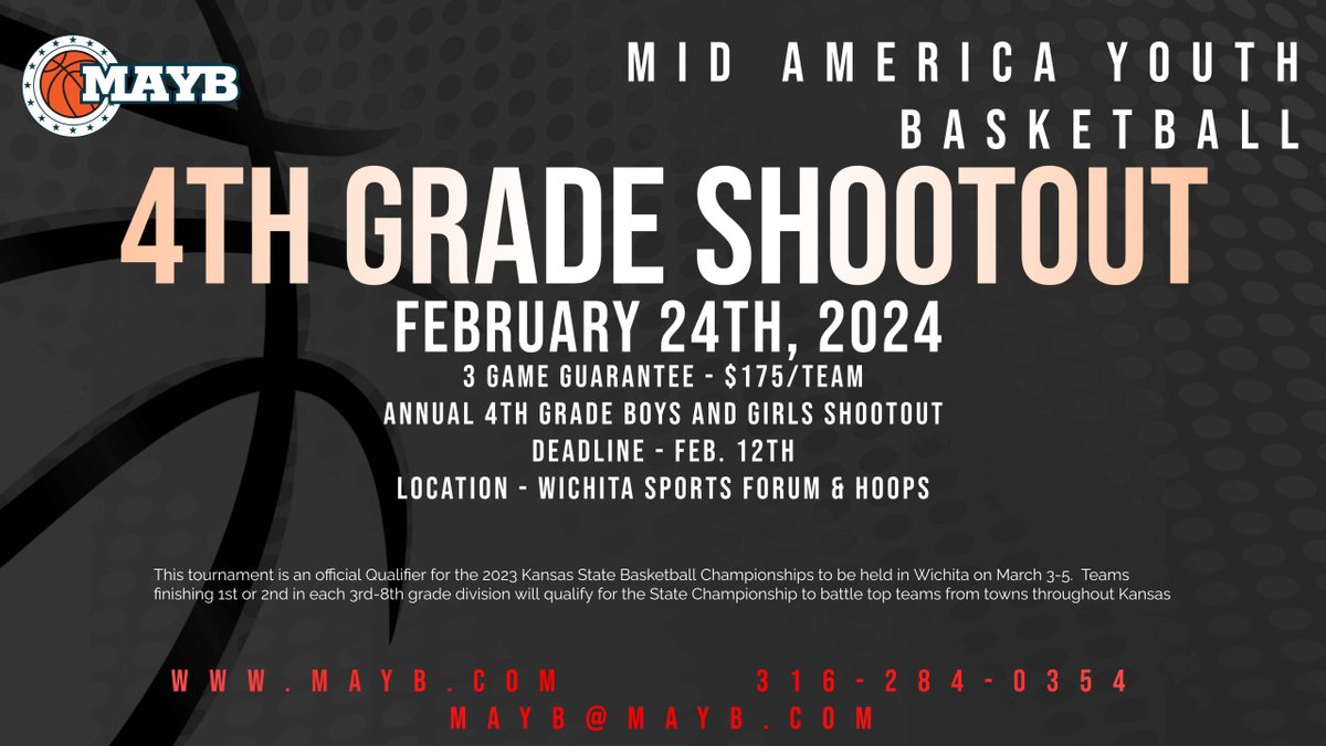 🏀 Join the excitement at our 1st-4th Grade Shootout in Wichita on Feb. 24th! 🏆 Ideal for all skill levels. Secure your spot at mayb.com or call 316-284-0354!🏅