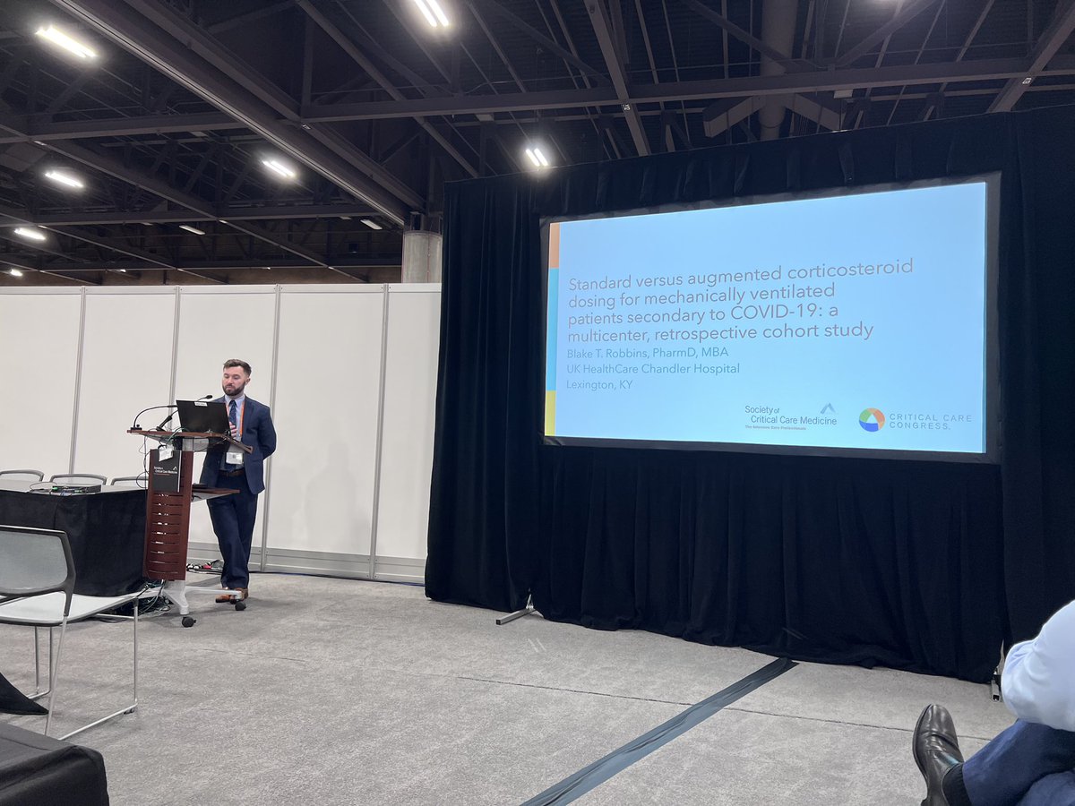 UKHC EM pharmacist @brobbinspharmd presenting on steroid dosing in ventilated COVID-19 pts - STAR research presentation @SCCM Critical Care Congress #SCCM2024